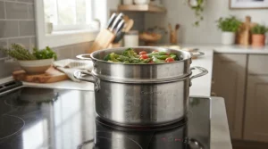 A universal steamer insert resting inside a standard saucepan on a kitchen hob