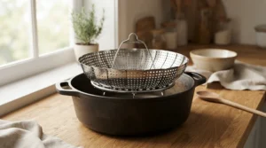 A flexible universal steamer insert expanding to fit any pot size on the cooker