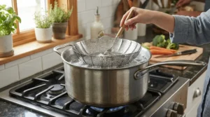 A collapsible metal universal steamer insert expanding inside a saucepan for easy storage