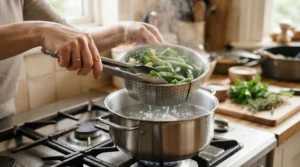 Lifting cooked food out safely using the central loop of universal steamer inserts