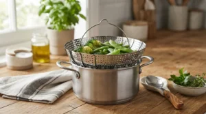 Universal steamer inserts fitted snugly inside a compact saucepan on the hob