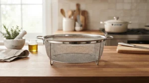 Durable stainless steel universal steamer inserts resting on a kitchen worktop