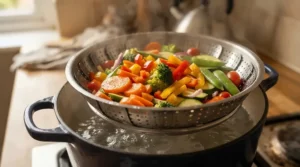 Vibrant carrots and greens being cooked using universal steamer inserts