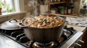 A large capacity stainless steel pressure cooker filled with a hearty stew for batch cooking