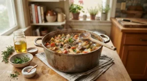 Preparing traditional ingredients inside a shiny stainless steel pressure cooker for a classic Sunday meal