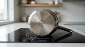 Checking the magnetic base of a stainless steel pressure cooker for seamless induction hob compatibility