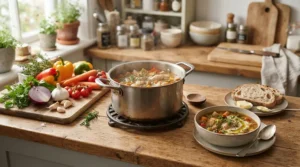 A stainless steel pressure cooker displayed alongside freshly prepared family meals for a product review