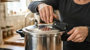 Demonstrating the secure locking lid and steam valve on a premium stainless steel pressure cooker