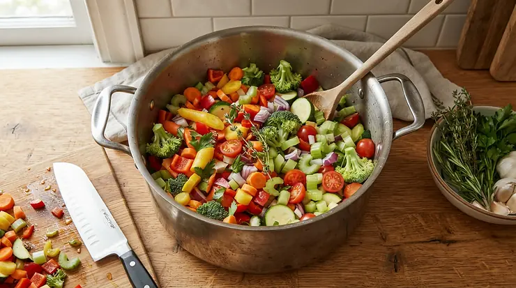 An extra-large stovetop pressure cooker filled to the brim with hearty ingredients for batch cooking.