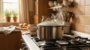 A traditional stovetop pressure cooker steaming gently while simmering a comforting homemade soup.