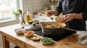 A home cook organising ingredients next to their stovetop pressure cookers for weekly meal prep.
