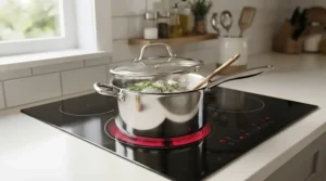 A sleek stainless steel stovetop pressure cooker heating up quickly on a modern kitchen induction hob.