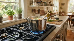 A compact stovetop pressure cooker resting on a gas burner in a busy family kitchen.