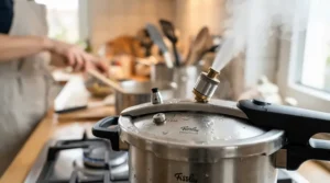 A close-up view of the pressure release valve on shiny stovetop pressure cookers during use.