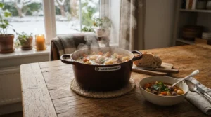 A steaming hot stovetop pressure cooker sitting on a rustic wooden table after cooking.